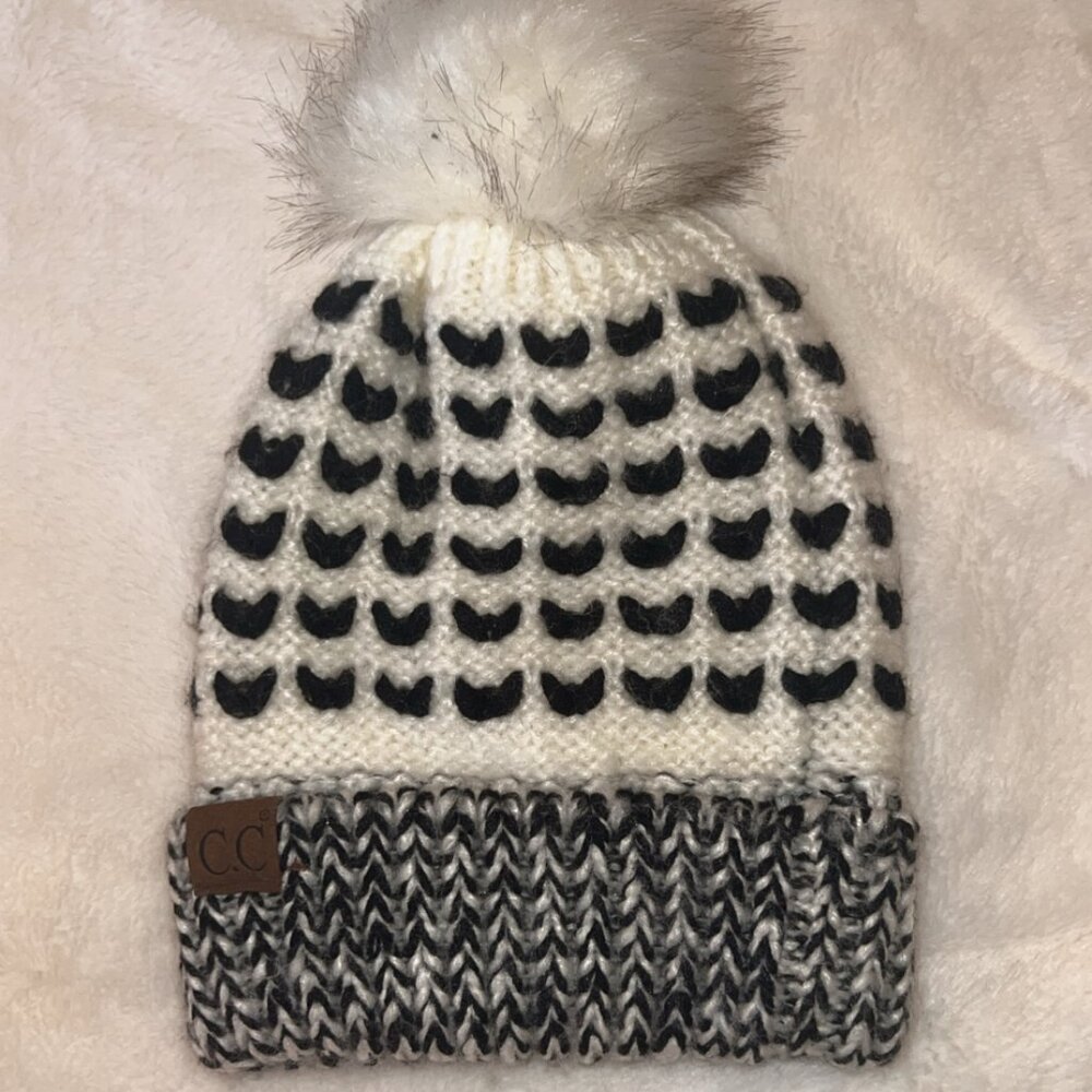 Fuzzy Lined Heart Knit Fur Pom CC Beanie